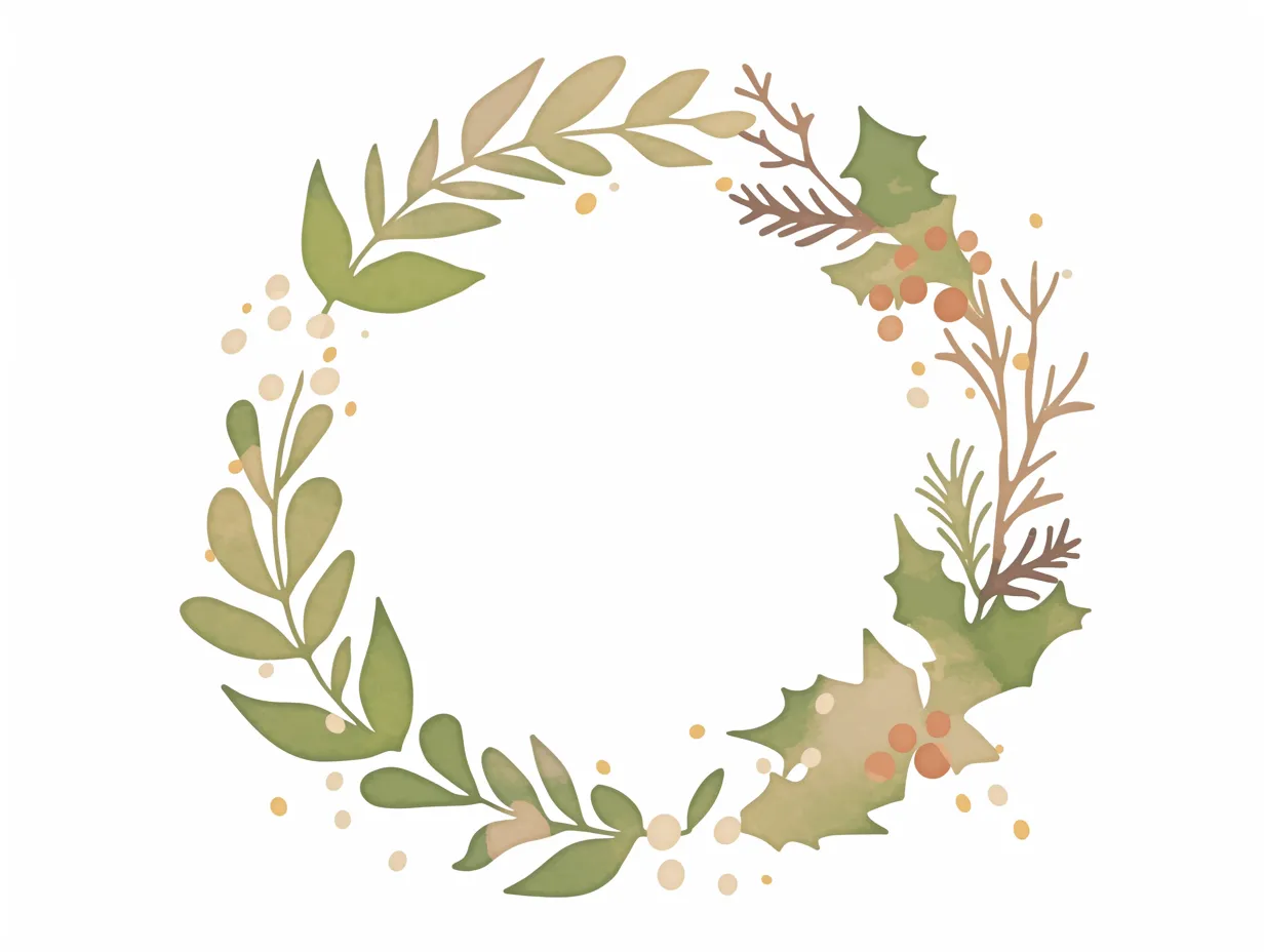 ナチュラルタッチのクリスマスリース｜落ち着いた色調と柔らかな線で描かれたリースです。自然素材の雰囲気があり、クリスマスリースをシンプルに表現したデザインは幅広いビジネス素材として使用できます。