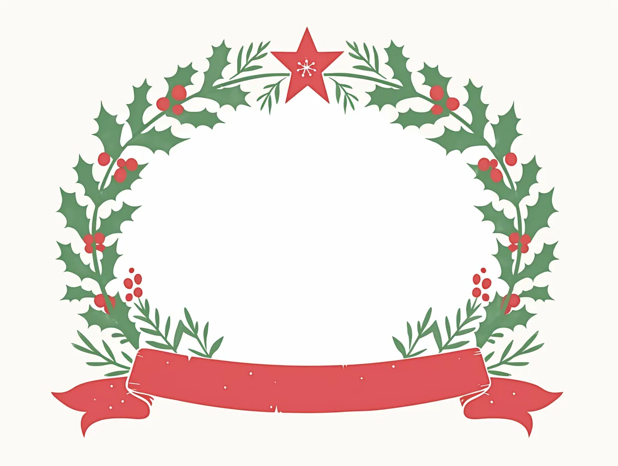 クラシック調のクリスマスリース｜リボンと星が加えられた伝統的な雰囲気のリースです。装飾的でありながらもシンプルさを持ち、クリスマスリースを強調したポスターやフレームデザインに向いています。