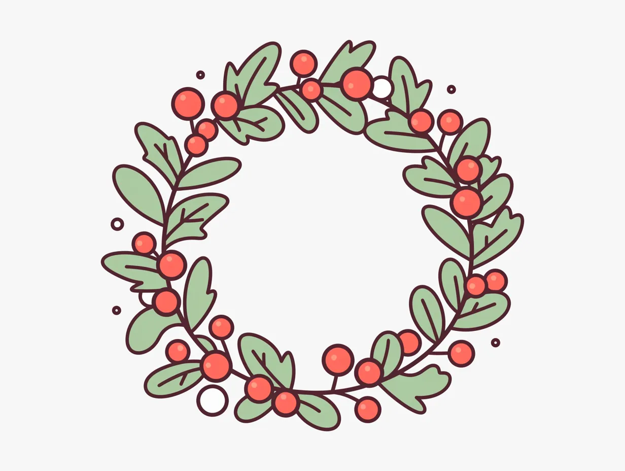 シンプルな線画風クリスマスリース｜太めの輪郭と赤い実がアクセントになったデザインです。親しみやすい表現で、クリスマスリースをアイコン風に活かせるシーンに適しています。