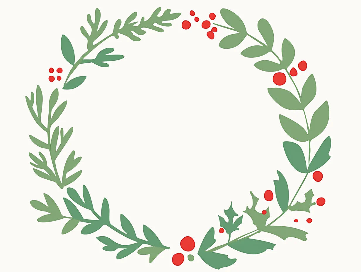ポップ調のクリスマスリース｜赤い実と緑の葉を用いたフラットな構成が特徴で、親しみやすく明快です。クリスマスリースを簡潔に表現したデザインで、広告やPOPに向いています。