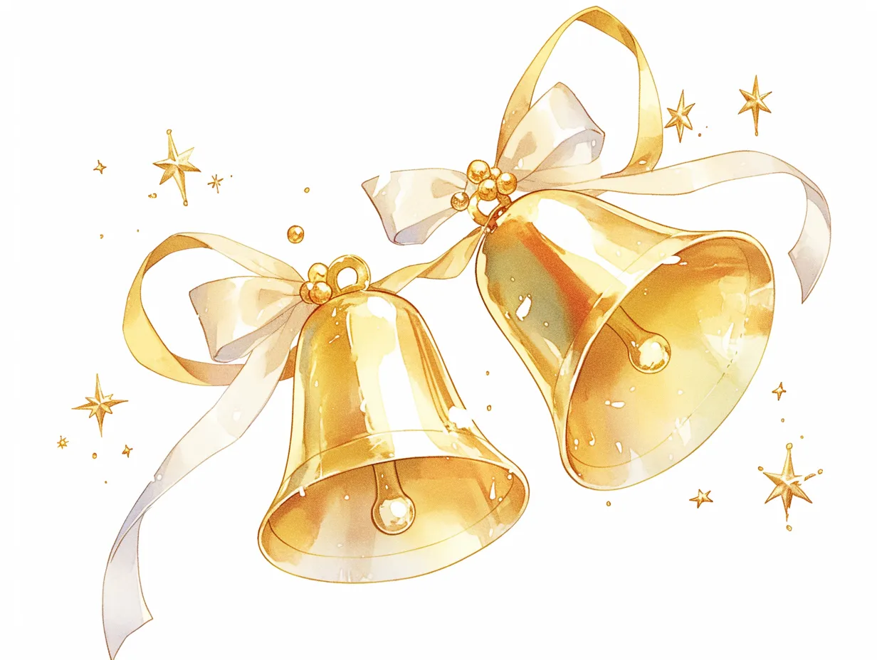華やかなゴールドのクリスマスベル｜光沢のあるゴールドに描かれたクリスマスベルのイラストです。繊細なリボンと輝く星の装飾が加わり、華やかさと上品さを兼ね備えています。広告やカードデザインなどで、特別感を演出できるビジネス写真素材です。