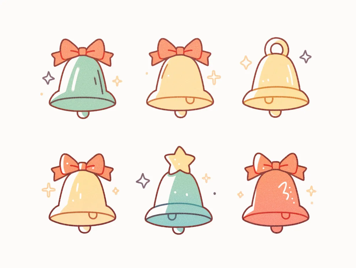 カラフルでかわいいクリスマスベル｜ポップな色合いで描かれた6種類のクリスマスベルが並ぶイラストです。赤いリボンや星モチーフがアクセントになり、楽しく親しみやすい雰囲気を表現しています。子供向けイベントや販促物に活用しやすいビジネス写真素材です。