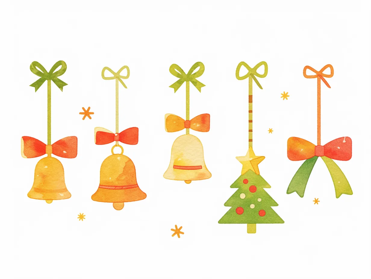 吊るされた華やかなクリスマスベル｜リボンで吊るされたベルやツリーを組み合わせたクリスマスベルのイラストです。水彩調の柔らかな彩色が温かみを添え、華やかで明るい印象を与えます。店舗装飾や季節感を強調する資料に最適なビジネス写真素材です。