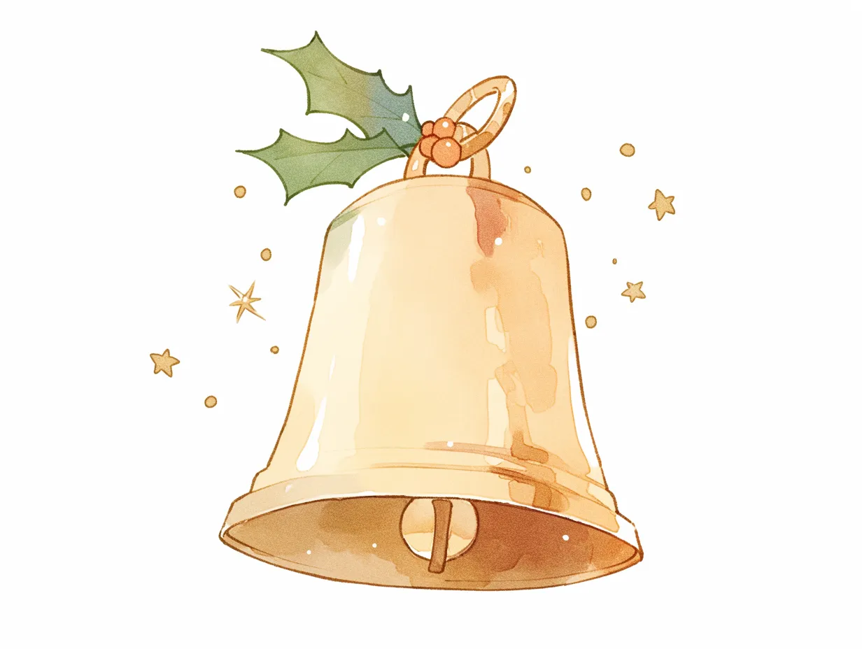 ヒイラギ付きのクリスマスベル｜ヒイラギの葉と実をあしらったクリスマスベルのイラストです。やわらかなタッチと優しい色合いが、落ち着きと温もりを感じさせます。高級感と親しみを両立でき、冬の販促や企画資料に活用できるビジネス写真素材です。