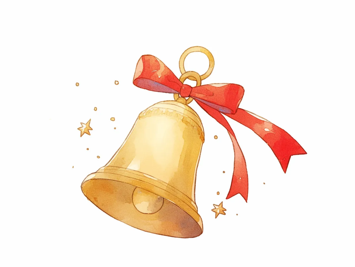 星と赤リボンのクリスマスベル｜星の装飾と赤いリボンをあしらったクラシックなクリスマスベルのイラストです。暖かい色合いと柔らかな筆致が温もりを感じさせます。シーズンイベントや店舗ディスプレイ用のビジネス写真素材に適しています。