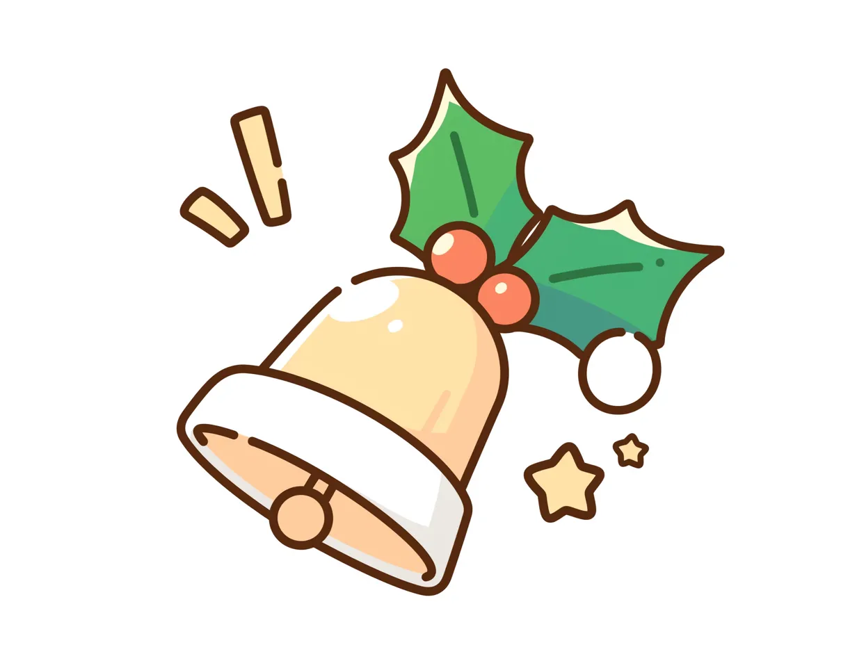ポップでかわいいクリスマスベル｜ヒイラギと星を組み合わせたポップなクリスマスベルのイラストです。太めの輪郭線とシンプルな色使いが親しみやすく、かわいらしい印象を与えます。SNS投稿や子供向け企画に使いやすいビジネス写真素材です。