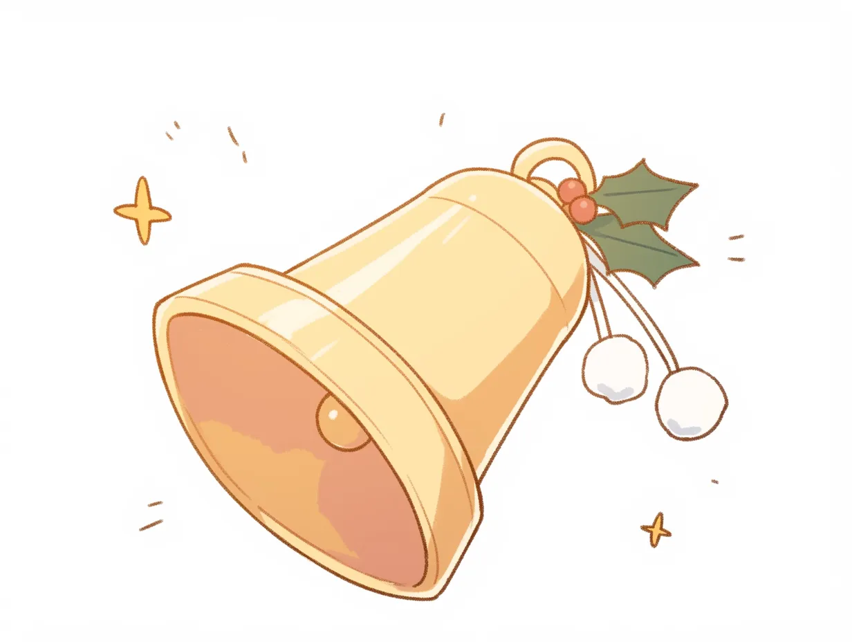 雪玉飾りのクリスマスベル｜雪玉とヒイラギで飾られたクリスマスベルのイラストです。シンプルで軽やかなタッチながら、冬らしい雰囲気をしっかりと表現しています。シーズン性を強調したイベント資料や広告に適したビジネス写真素材です。