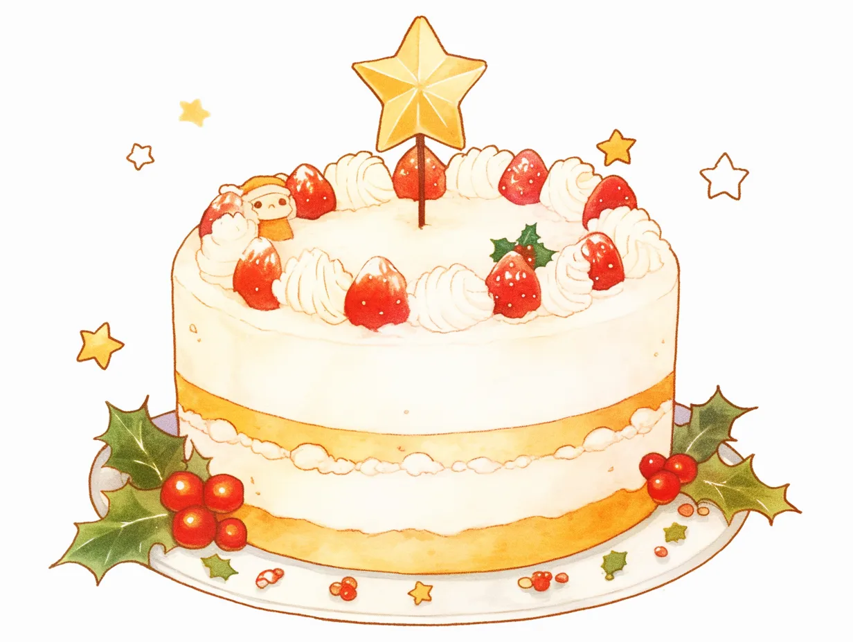苺と星飾りのクリスマスケーキ｜ふんわりとしたスポンジに苺とホイップが飾られたクリスマスケーキのイラストです。星型のトップがアクセントとなり、華やかで温かな雰囲気を演出しています。販促チラシや冬のイベント用ビジネス写真素材に最適です。