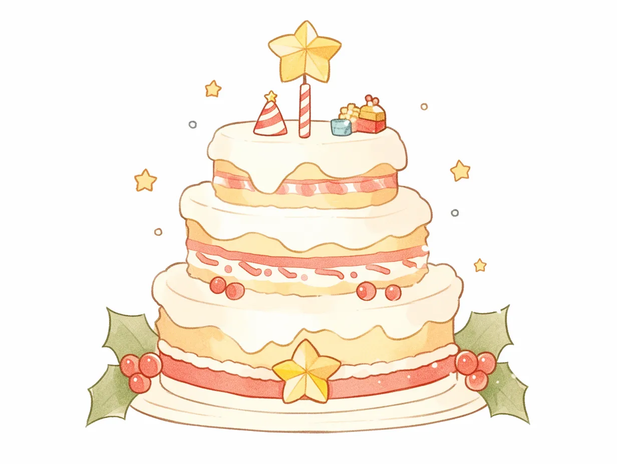 三段重ねの豪華なクリスマスケーキ｜三段に積み上げられた豪華なクリスマスケーキのイラストです。星や小物で彩られ、祝祭感を強調したデザインが特徴です。店舗の広告や特別感を打ち出す企画資料に活用しやすいビジネス写真素材です。