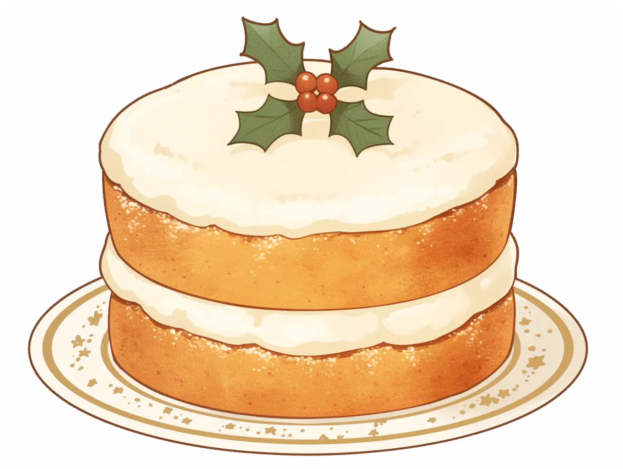 シンプルな二段のクリスマスケーキ｜二段重ねのシンプルなクリスマスケーキのイラストです。白いクリームにヒイラギを添えた上品なデザインが落ち着いた雰囲気を与えます。高級感を演出したい広告や資料に適したビジネス写真素材です。