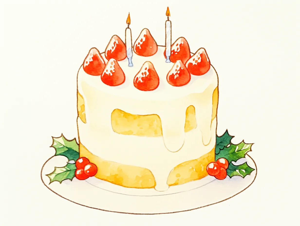キャンドル付きのクリスマスケーキ｜苺とクリームをあしらい、キャンドルを立てたクリスマスケーキのイラストです。あたたかい灯りが印象的で、祝祭の雰囲気を表現しています。イベントポスターやギフトカタログに活用できるビジネス写真素材です。