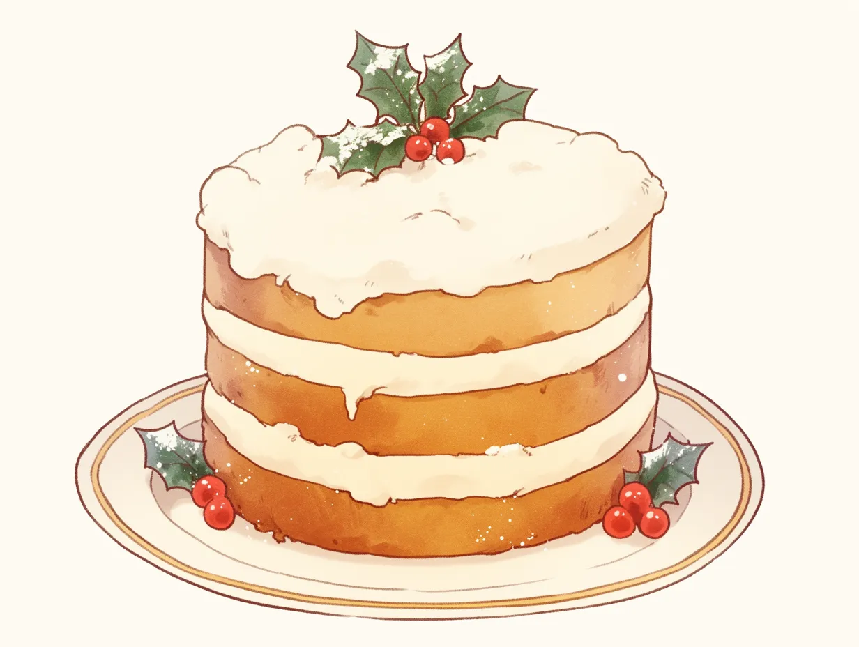 ナチュラルな三段のクリスマスケーキ｜素朴な質感のスポンジとホイップを重ねたクリスマスケーキのイラストです。自然な色合いとヒイラギの装飾が温もりを感じさせます。家庭的な温かさを打ち出す広告素材に適したビジネス写真素材です。