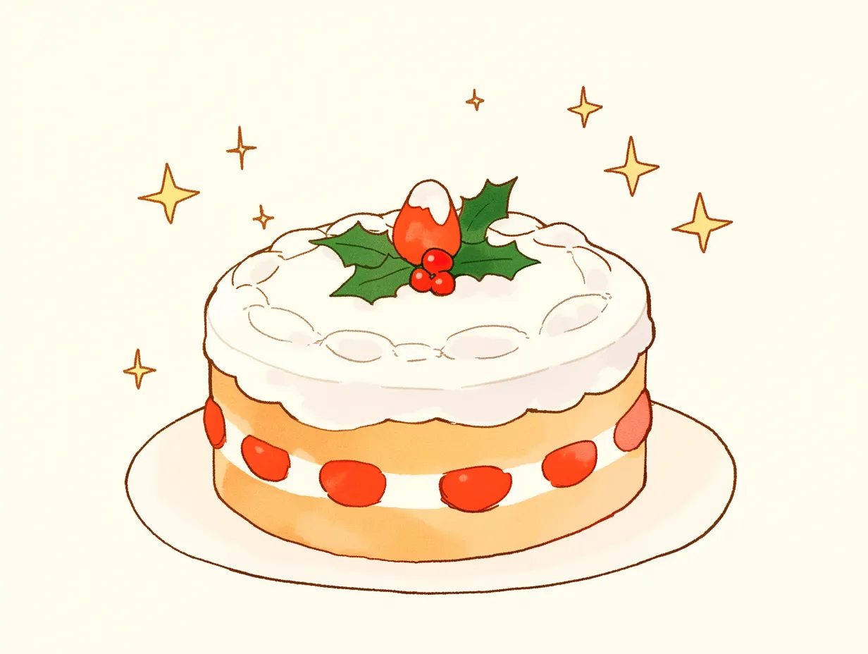 苺を飾ったかわいいクリスマスケーキ｜苺とホイップをバランスよく配置したクリスマスケーキのイラストです。シンプルながらも華やかで、親しみやすい印象を与えます。商品紹介やPOPデザインに適したビジネス写真素材です。