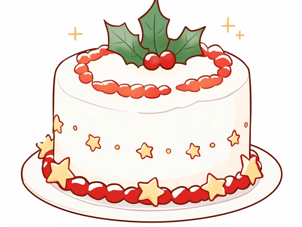 星模様の飾り付きクリスマスケーキ｜星のデコレーションが映えるクリスマスケーキのイラストです。赤と白のコントラストが鮮やかで、季節感をしっかりと表現しています。冬のイベント資料や販促物に使いやすいビジネス写真素材です。