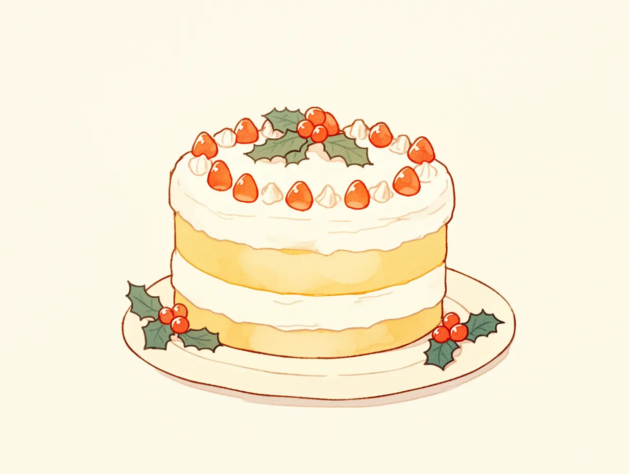 苺とヒイラギのクリスマスケーキ｜苺とヒイラギをたっぷり飾ったクリスマスケーキのイラストです。シンプルで親しみやすく、明るい祝祭感を演出しています。カタログやチラシで季節感を強調する際に有効なビジネス写真素材です。