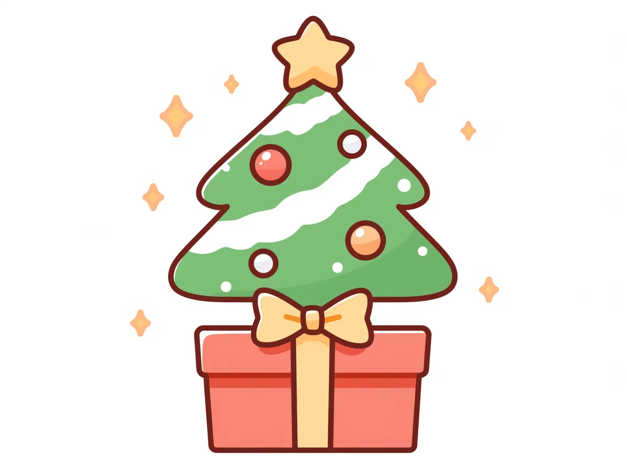 クリスマスプレゼントとツリーの楽しい演出｜ギフトボックスから飛び出すように描かれたクリスマスツリーのデザインです。遊び心あるイラストで、キッズ向けイベントや季節販促にぴったりな華やかさを表現しています。