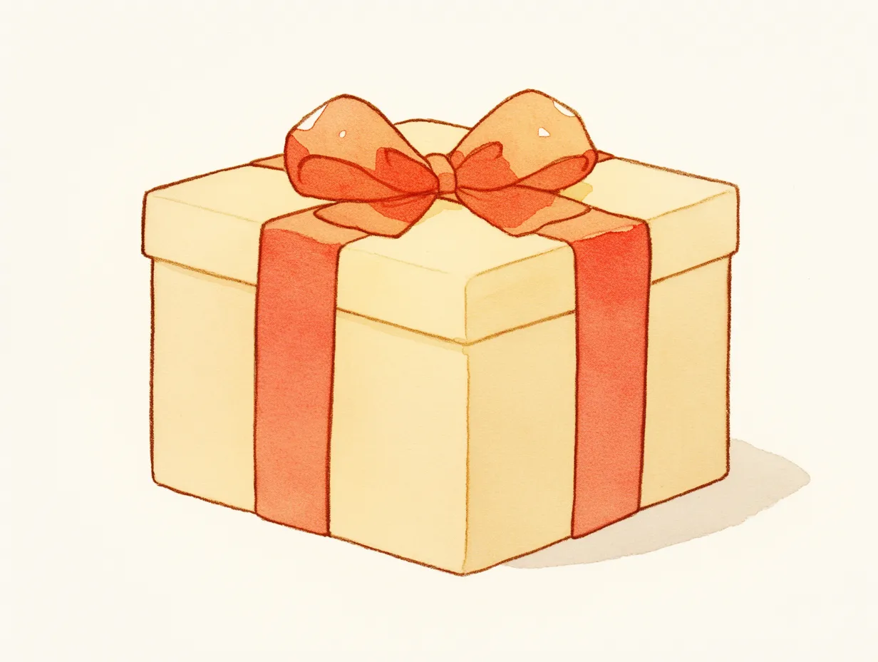 クリスマスプレゼントの温かみあるボックス｜柔らかな色合いの黄色い箱に赤いリボンを結んだクリスマスプレゼントです。水彩風のタッチが特徴で、手作り感や優しさを演出するビジネス素材として利用できます。