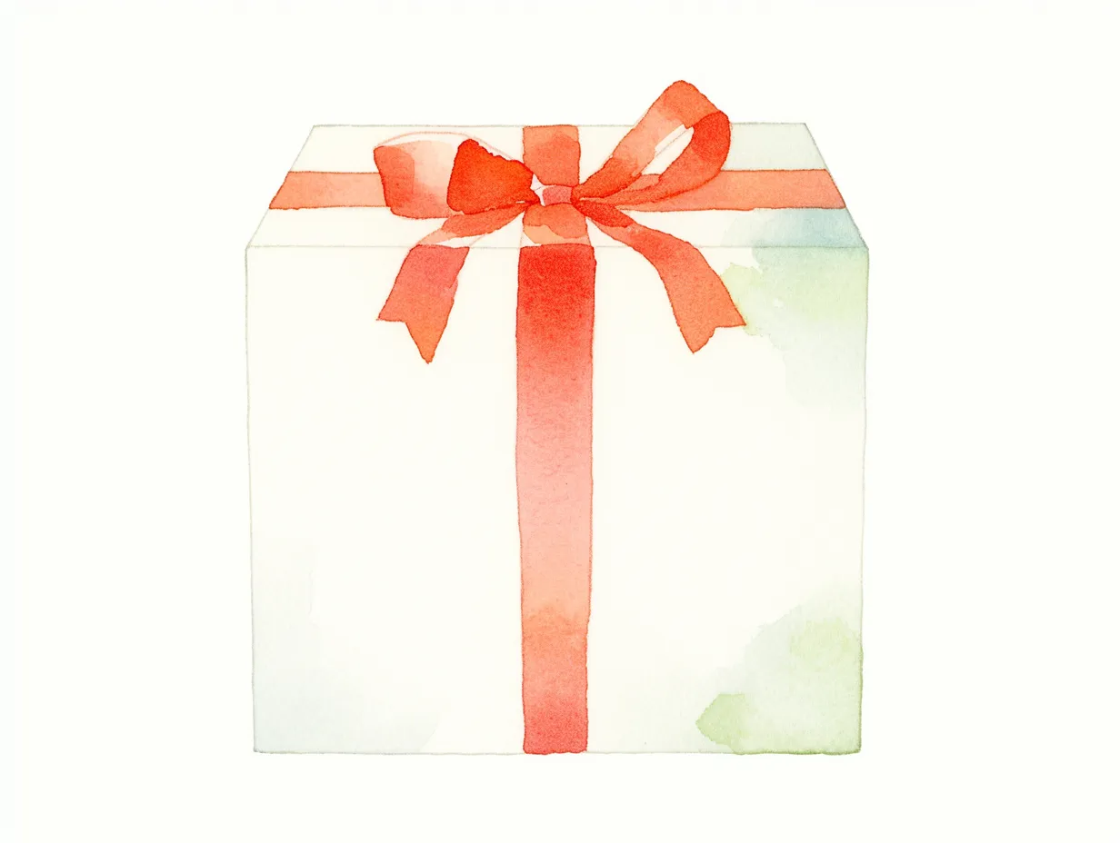 クリスマスプレゼントのシンプルな水彩箱｜白地に赤リボンを施したクリスマスプレゼントのイラストです。水彩のにじみが活かされ、清潔感と温かみを兼ね備えた素材で、企業カードやSNS投稿に適しています。