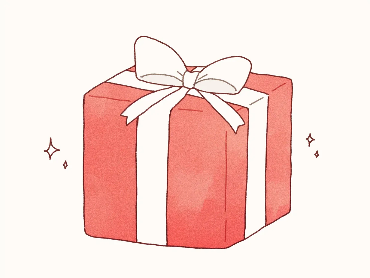 クリスマスプレゼントの赤いギフトボックス｜赤い箱に白いリボンを結んだクリスマスプレゼントです。シンプルな線とやさしい塗りが特徴で、親しみやすいタッチは幅広いビジネスシーンで活用可能です。