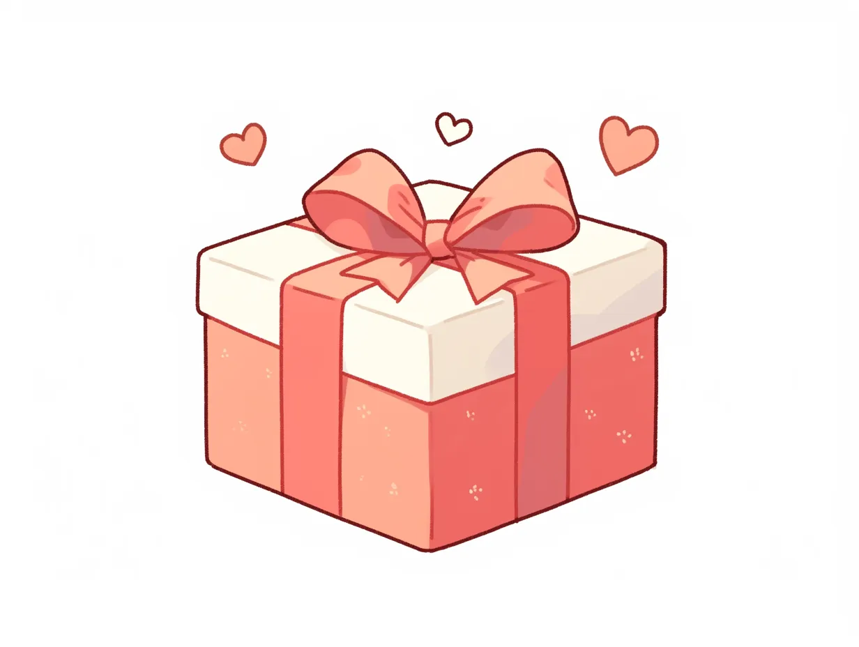 クリスマスプレゼントの可愛らしい小箱｜白い蓋と赤い箱にハートマークが添えられたクリスマスプレゼントです。柔らかな色彩と可愛らしい雰囲気が特徴で、SNSや女性向けイベント素材に特に適しています。