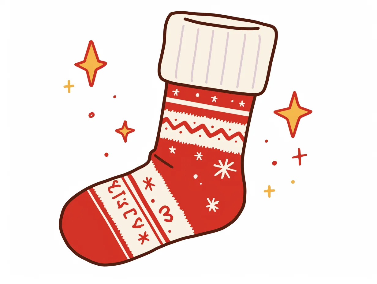 クリスマス靴下の赤い装飾デザイン｜赤を基調に雪の結晶や模様をあしらったクリスマス靴下です。鮮やかな印象が特徴で、販促物やイベントポスターに適したビジネス写真素材として活用できます。