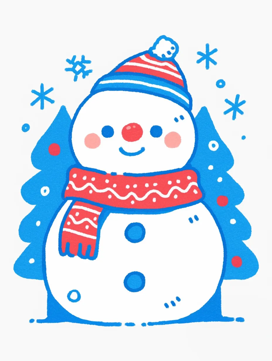 クリスマス雪だるまの赤青ポップデザイン｜赤と青を基調にした鮮やかなクリスマス雪だるまです。カラフルで印象的なタッチが特徴で、子ども向けイベントや販促物に活用しやすい写真素材です。
