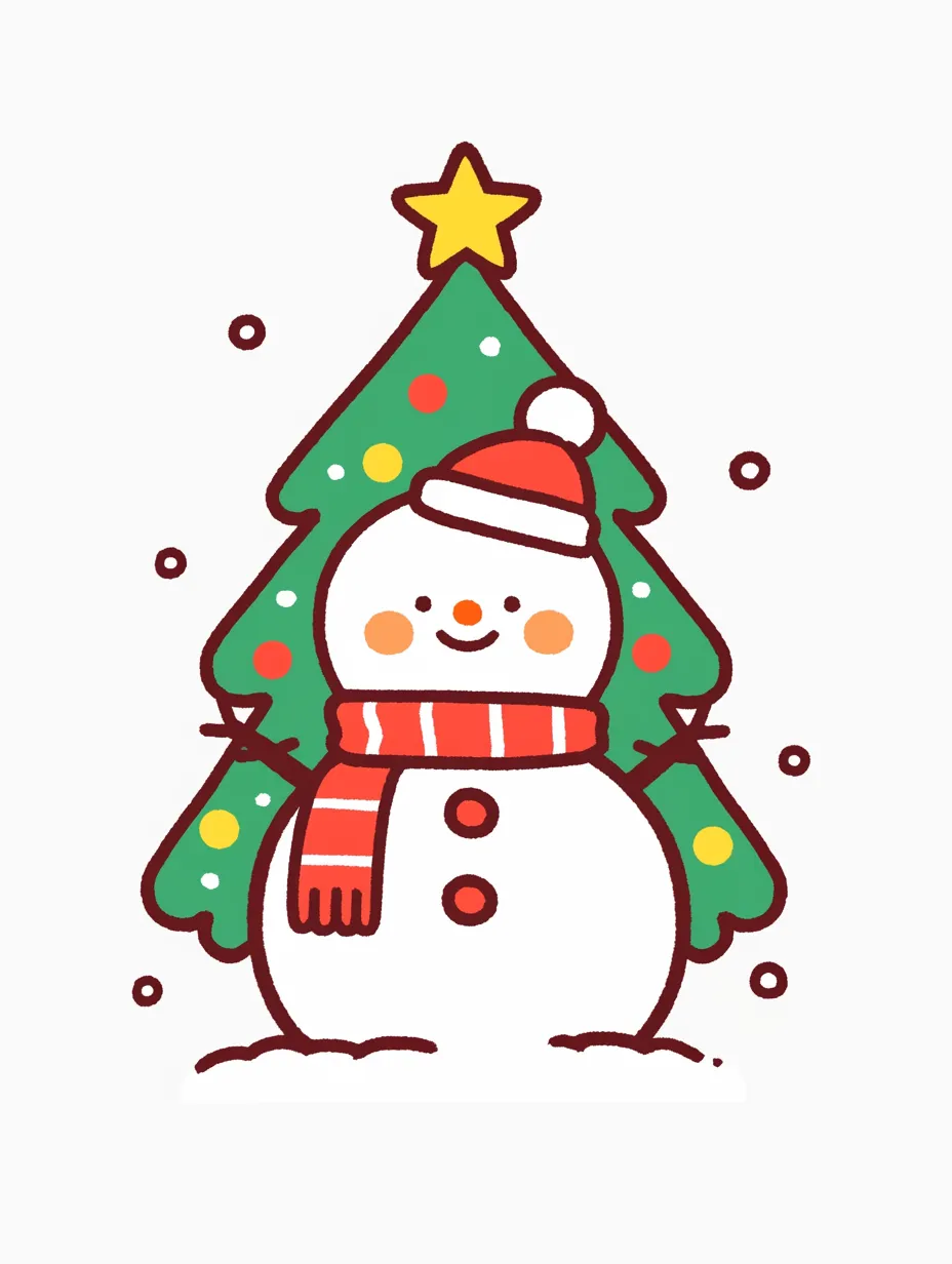 クリスマス雪だるまとツリー背景デザイン｜クリスマスツリーと組み合わせたクリスマス雪だるまです。温かみのある色彩がシーズン感を演出し、冬の広告や販促に適した写真素材となります。