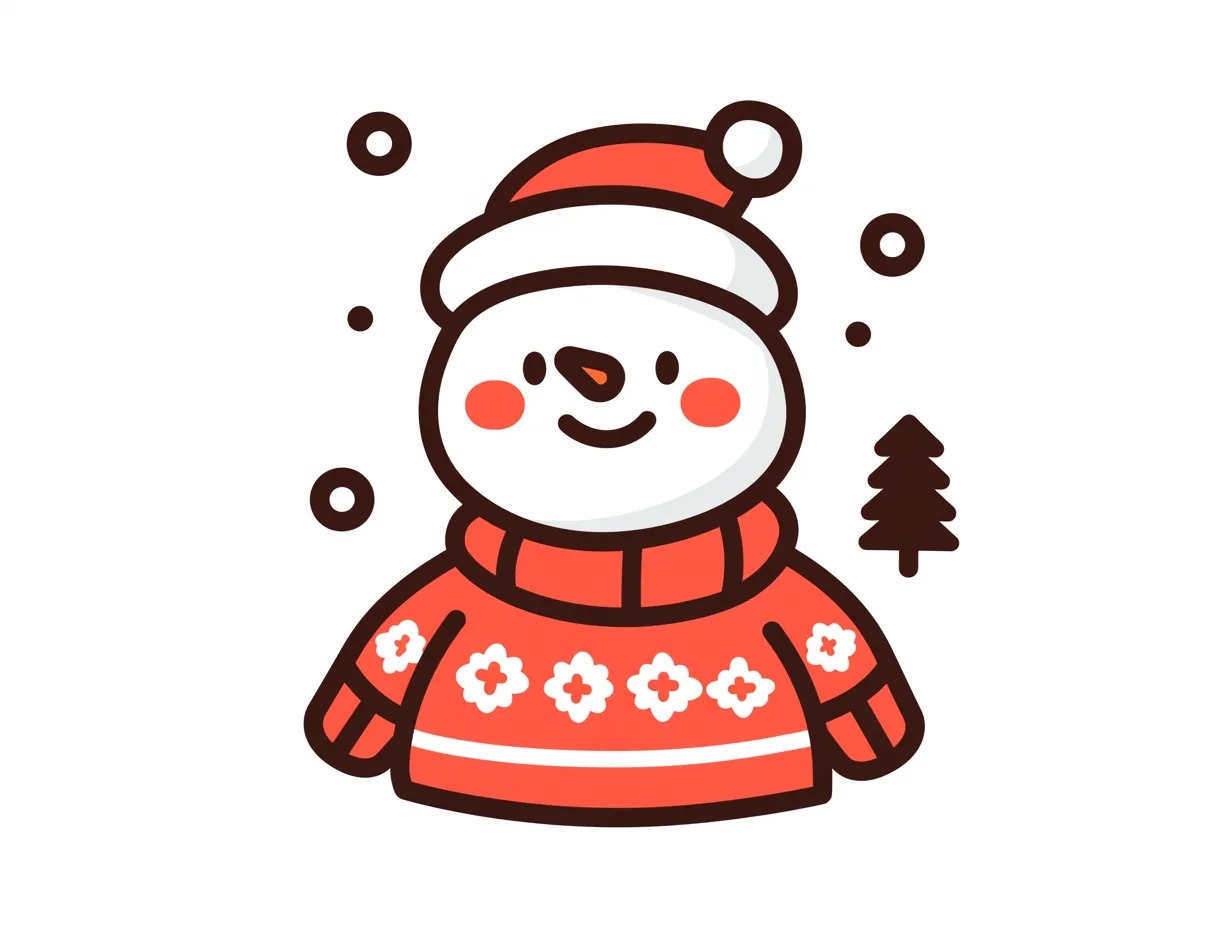 クリスマス雪だるまのセーター姿デザイン｜赤いセーターを着たユニークなクリスマス雪だるまです。季節感と個性を両立させたデザインで、商品広告やキャンペーンに効果的な写真素材です。