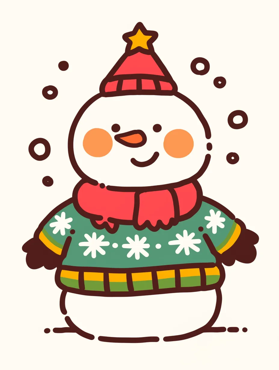 クリスマス雪だるまのセーター赤緑デザイン｜赤い帽子と緑のセーターを着たクリスマス雪だるまです。温かみのあるトーンが親しみやすく、ファミリー向けビジネスに適した写真素材です。