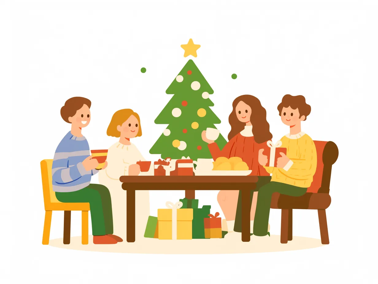 クリスマスパーティの団らん食卓シーン｜クリスマスツリーを背景に、家族が食卓を囲むクリスマスパーティのイラストです。温かな雰囲気が特徴で、イベント告知や広告に適した写真素材です。