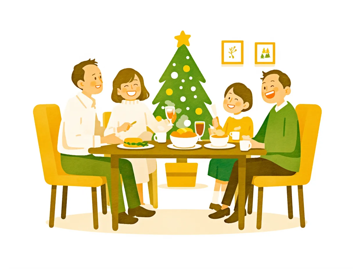 クリスマスパーティの家族団らんデザイン｜笑顔で食事を楽しむ家族のクリスマスパーティです。柔らかな色調で描かれ、シーズンイベントの宣伝やカタログ向けに最適な写真素材となっています。