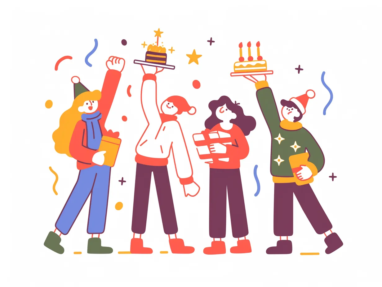 クリスマスパーティのプレゼント交換｜若者たちがケーキやプレゼントを持ち上げて楽しむクリスマスパーティの場面です。華やかな演出が印象的で、販促物やキャンペーン素材に適しています。