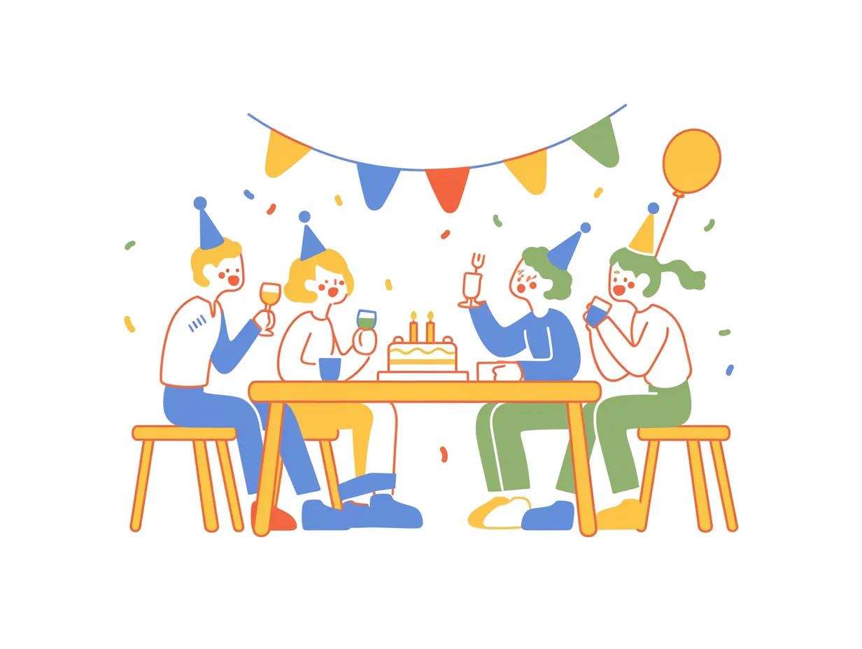クリスマスパーティのカラフル祝宴シーン｜帽子や飾りを付けた仲間がケーキを囲むクリスマスパーティです。シンプルな配色が映え、ポップで親しみやすい広告素材として活用可能です。