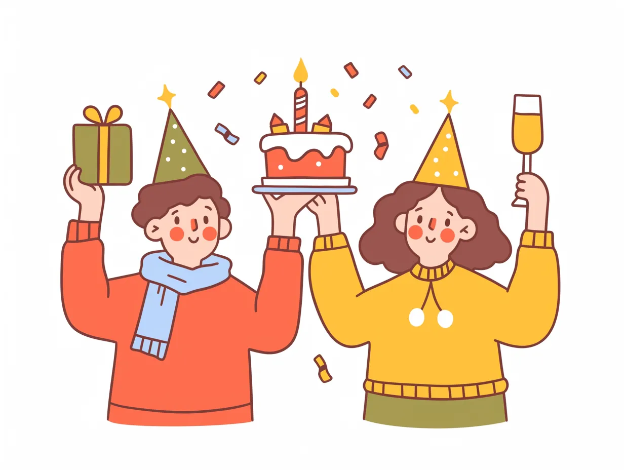 クリスマスパーティのカップル祝宴シーン｜男女がケーキやプレゼントを持って楽しむクリスマスパーティです。にぎやかで親しみやすい描写が、SNS広告やデジタル素材に適しています。