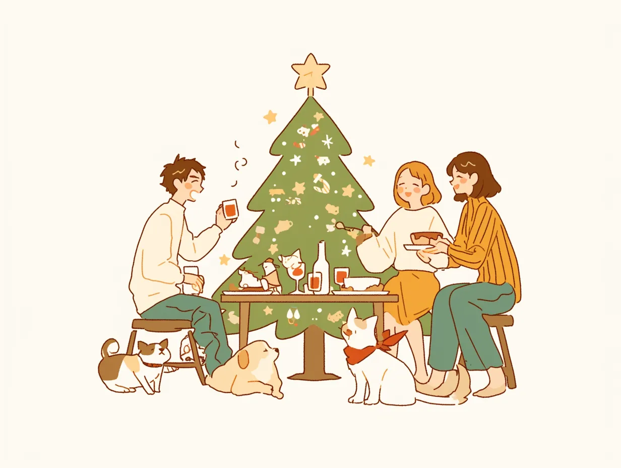 クリスマスパーティの犬と楽しむ食卓｜犬と共に過ごすクリスマスパーティの様子です。自然なタッチと温かみある色彩が特徴で、ライフスタイル提案や家族向けキャンペーンに効果的な写真素材です。