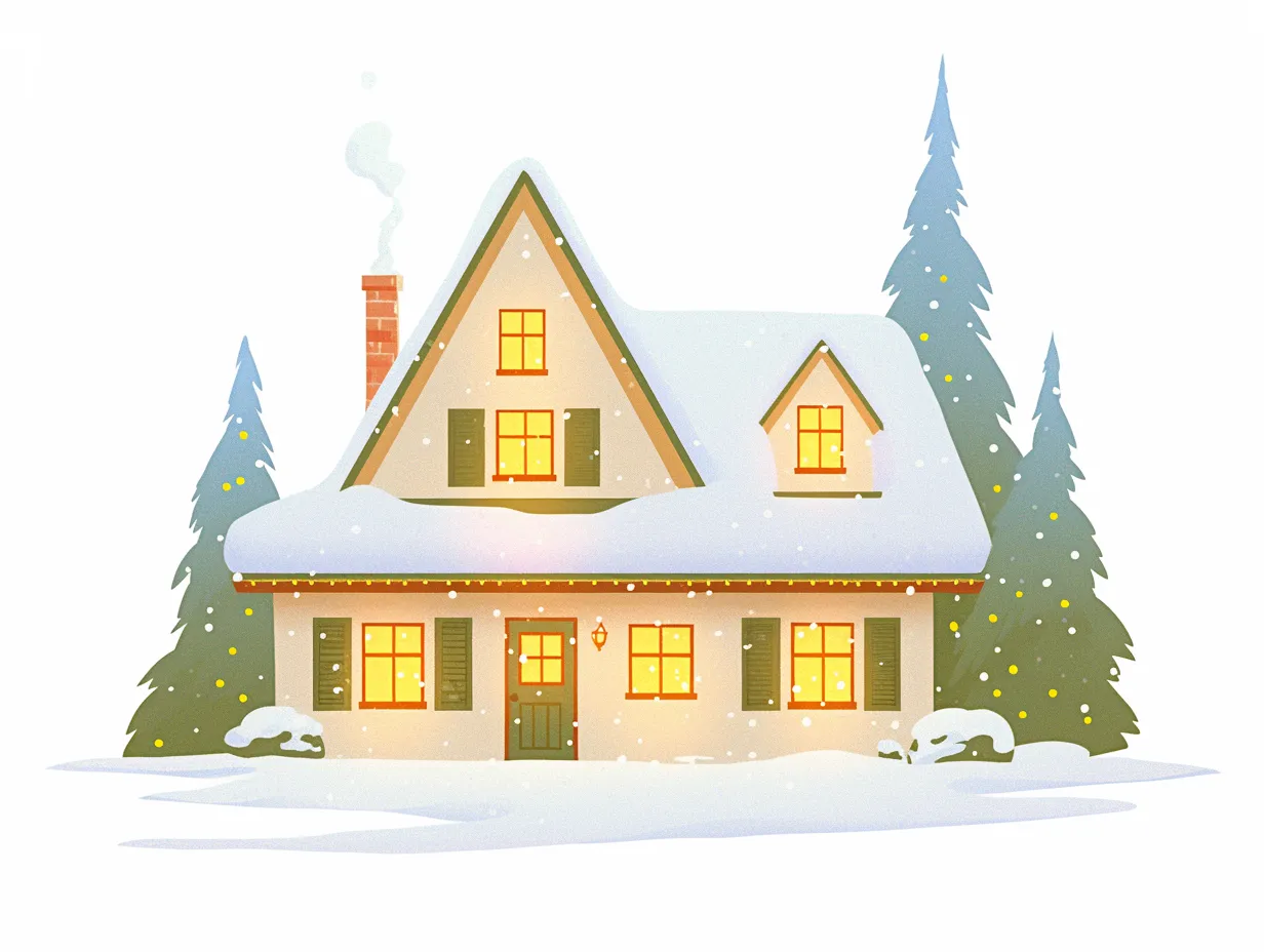 クリスマス家の雪景色ライトアップ｜雪に覆われた屋根と温かな灯りが特徴的なクリスマス家です。幻想的な雰囲気があり、冬の販促やシーズン広告に最適な写真素材です。