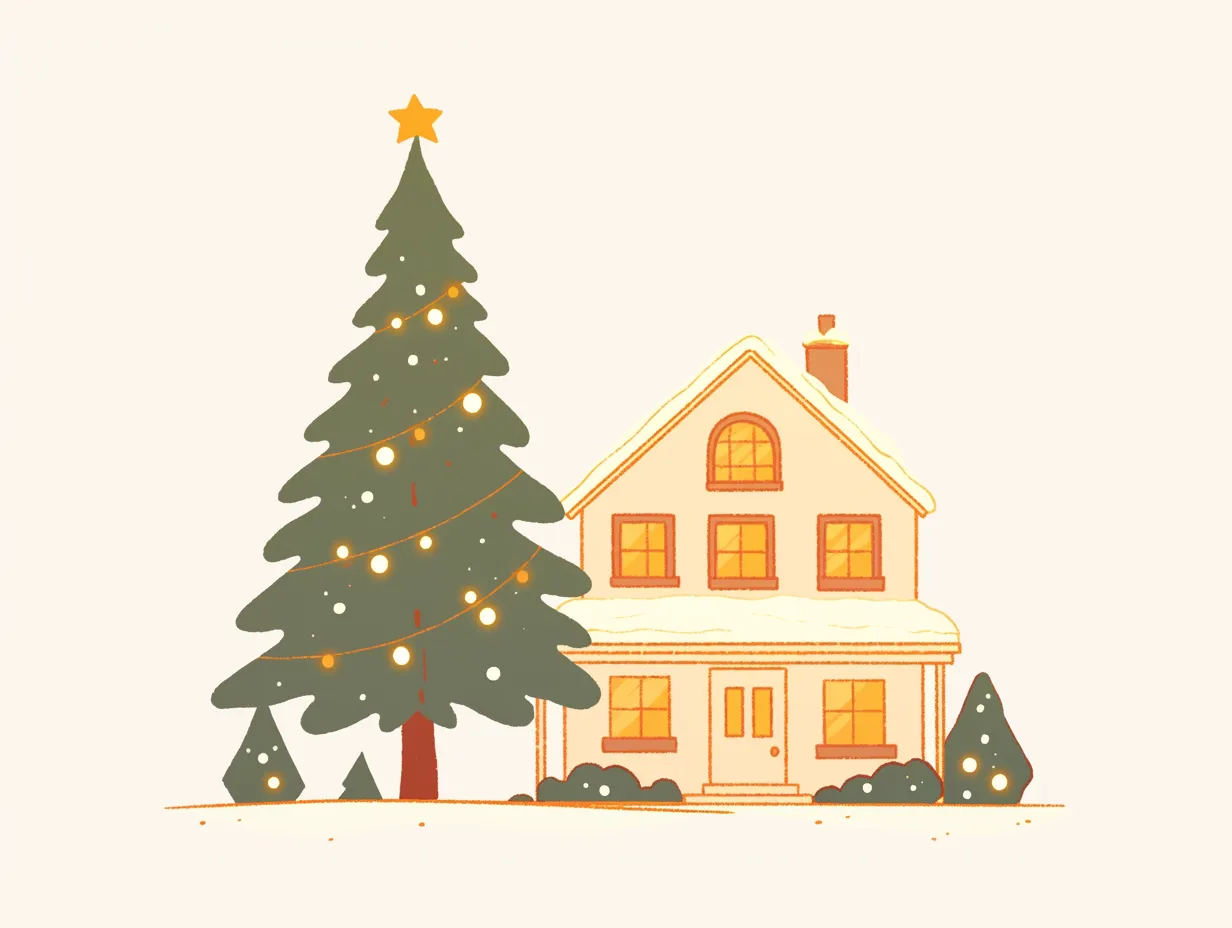 クリスマス家のシンプルツリー演出｜シンプルな住宅とイルミネーションが施された大きなツリーを描いたクリスマス家です。落ち着いた雰囲気で広告や装飾に活用しやすい素材です。