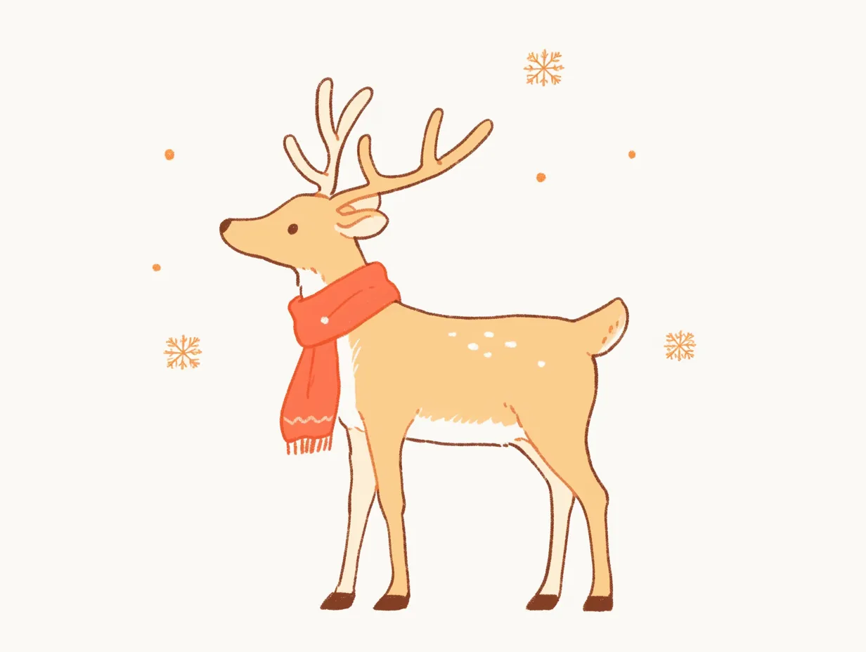 クリスマストナカイの赤マフラーデザイン｜赤いマフラーを巻いたクリスマストナカイです。温かみのある表現が親しみやすく、冬の広告やPOPデザインに適した写真素材です。