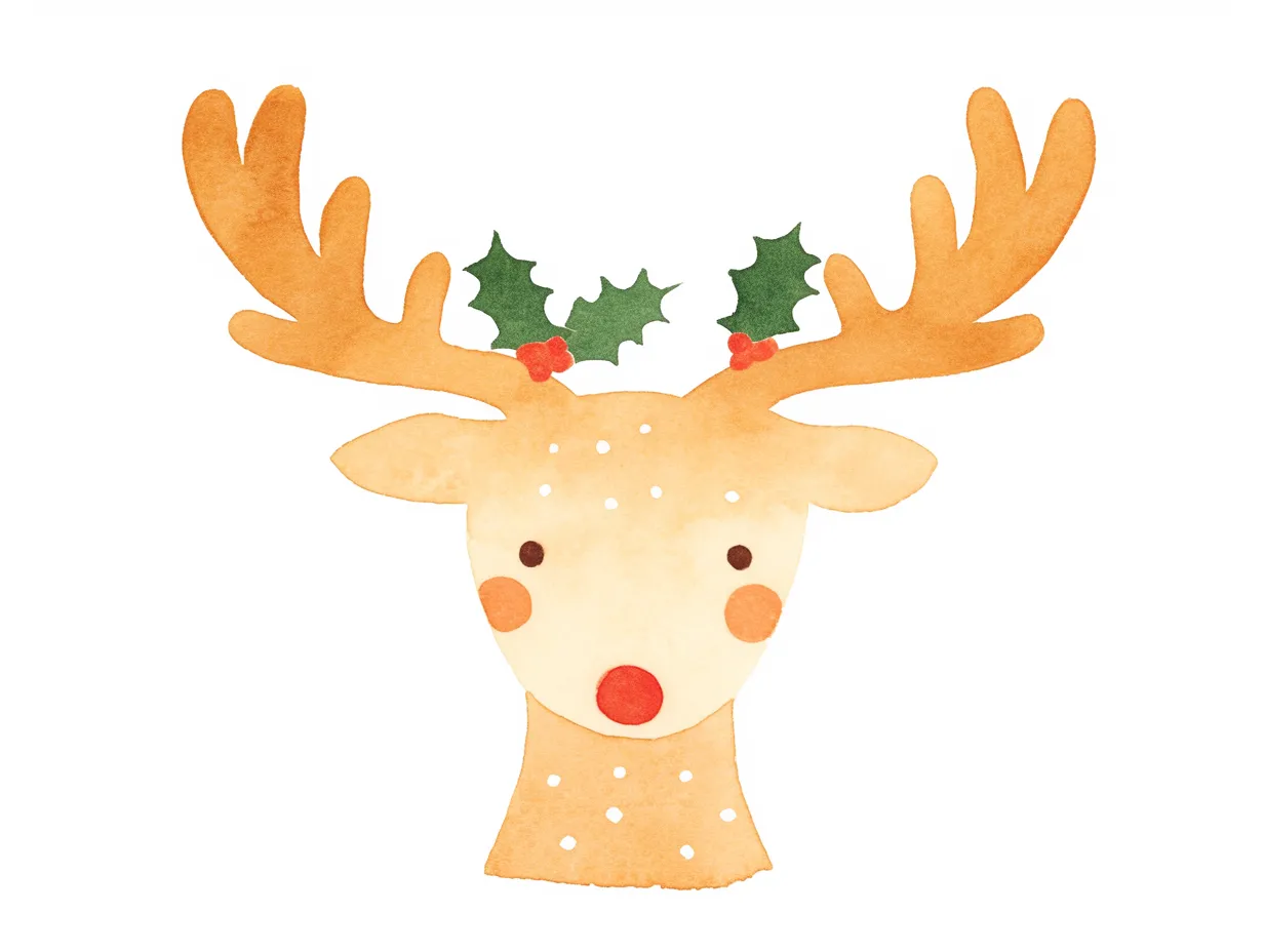 クリスマストナカイの顔アップデザイン｜ヒイラギを角に飾ったクリスマストナカイの顔アップです。ユーモラスなタッチで描かれ、ポップなビジュアル素材として活用可能です。