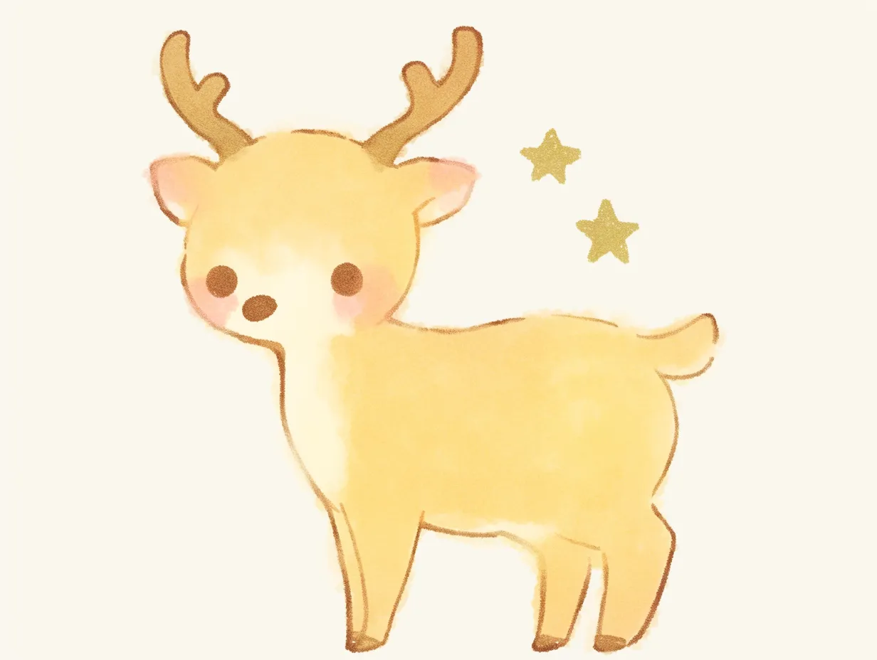 クリスマストナカイのかわいい星演出｜優しい表情に星の飾りを加えたクリスマストナカイです。ソフトな色合いが温かさを演出し、親しみやすい広告素材に向いています。