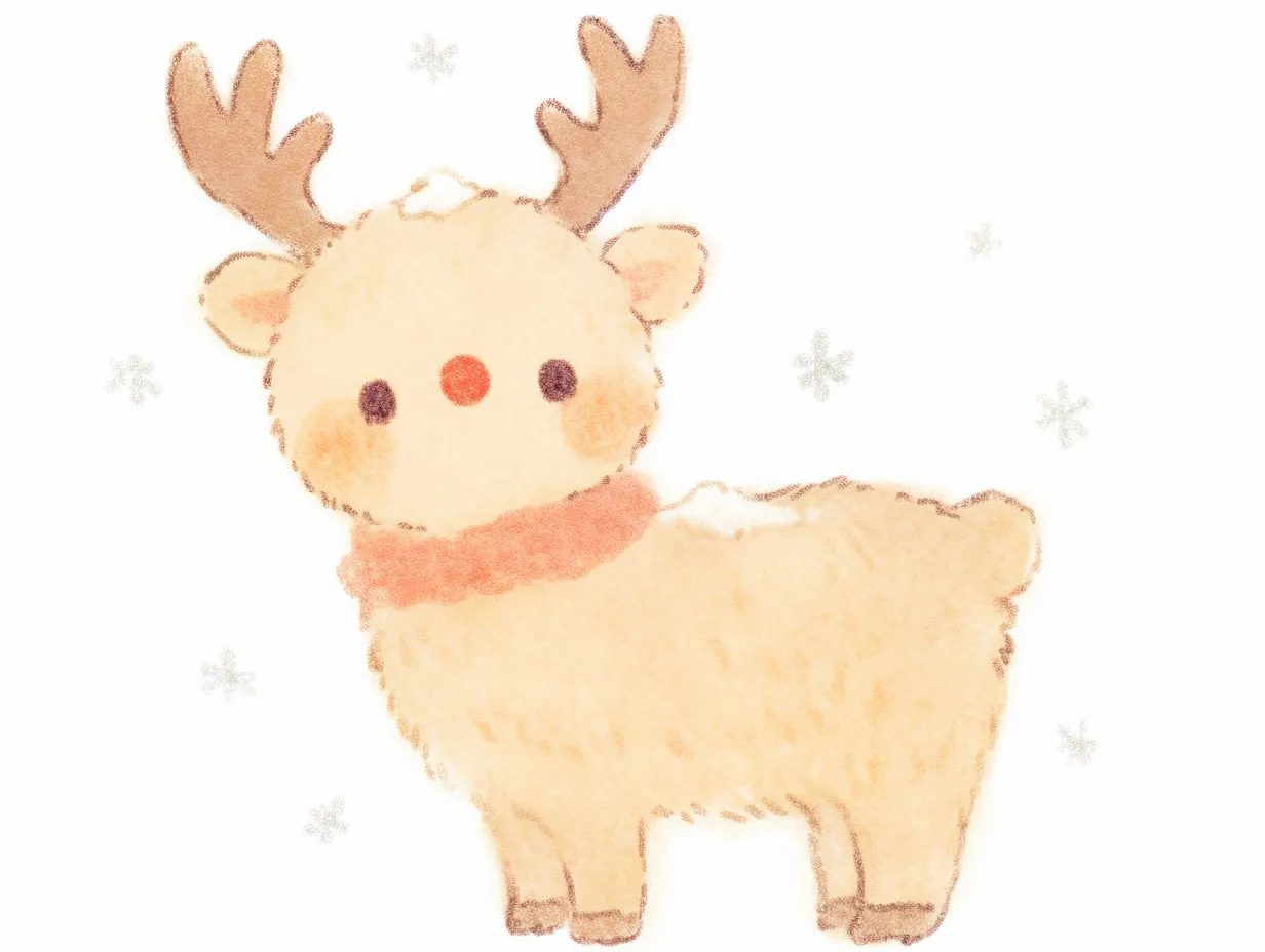 クリスマストナカイのふんわり雪デザイン｜雪が積もったような質感のクリスマストナカイです。ふんわりしたタッチで描かれ、子ども向けや教育関連の冬素材に適しています。