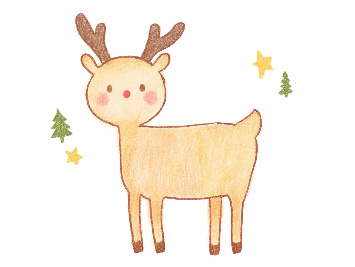 クリスマストナカイのシンプル星装飾｜シンプルな線画調で星や木と組み合わせたクリスマストナカイです。手描き感が柔らかく、カジュアルなデザインに最適な写真素材です。