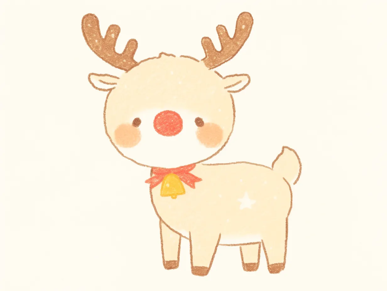 クリスマストナカイの鈴付き首飾りデザイン｜首に鈴とリボンを付けたクリスマストナカイです。可愛らしいタッチが特徴で、シーズンカードや年末キャンペーンに活用しやすい写真素材です。