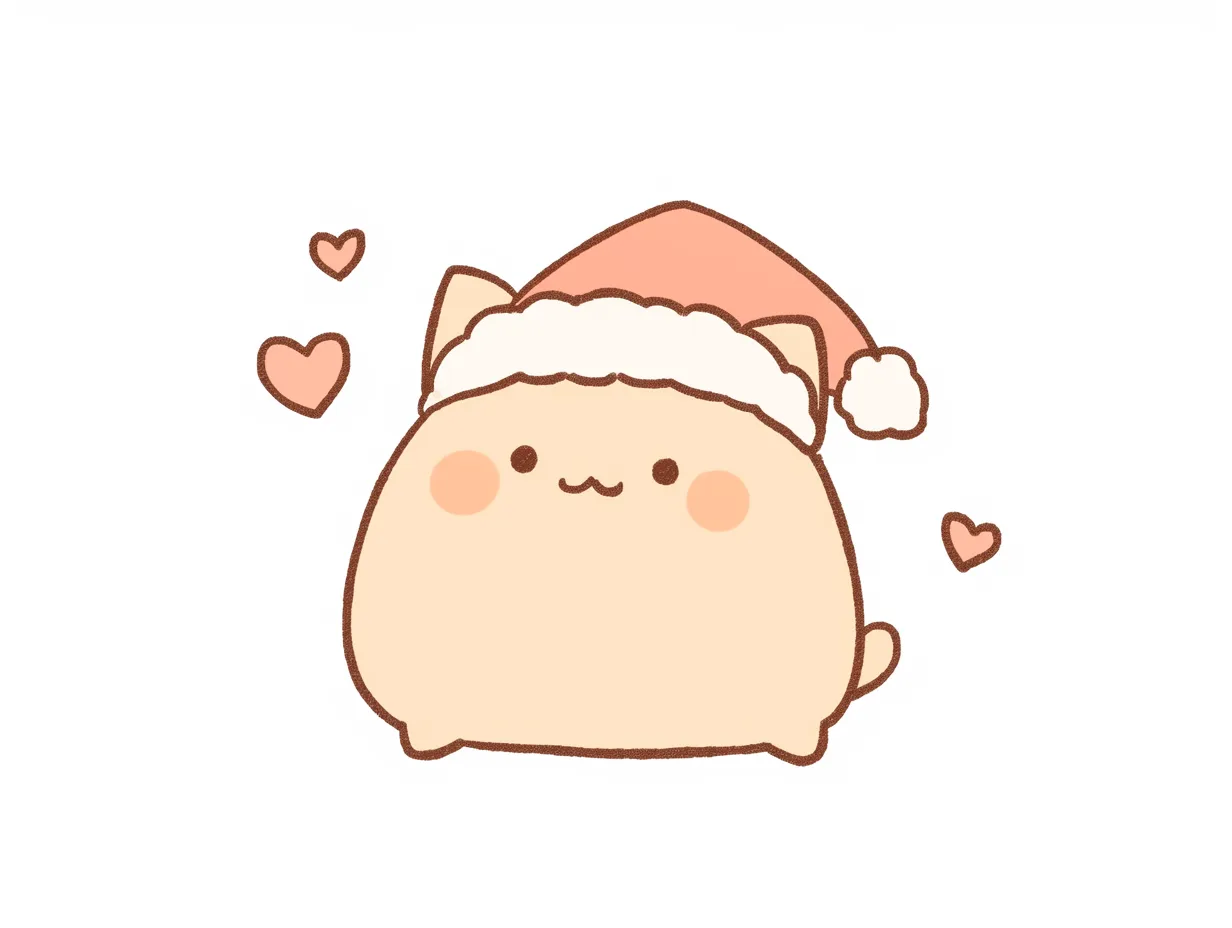 クリスマス猫のハート付きデザイン｜サンタ帽をかぶったクリスマス猫がハートに囲まれた可愛らしいイラストです。ポップな雰囲気でSNS投稿や販促用素材に最適です。