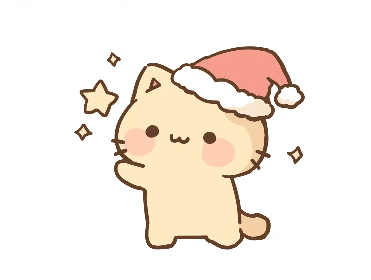 クリスマス猫の星を持つポーズ｜サンタ帽をかぶり、星を掲げるポーズのクリスマス猫です。シンプルで温かみのあるタッチが特徴で、広告や年賀素材に活用可能です。
