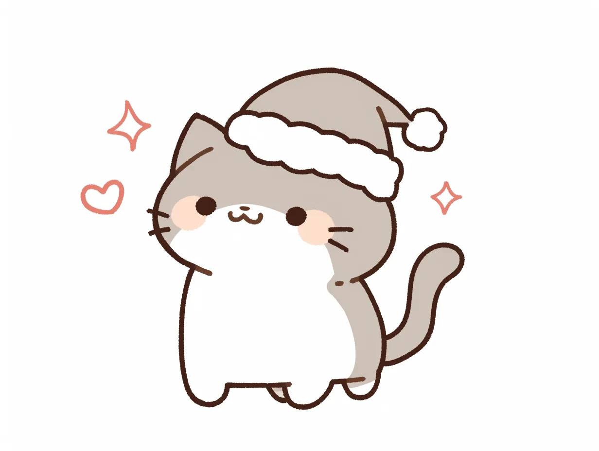 クリスマス猫のグレー配色イラスト｜グレーと白の毛色が特徴的なクリスマス猫です。柔らかい線と明るい色合いが親しみやすく、シーズンイベント用素材に適しています。