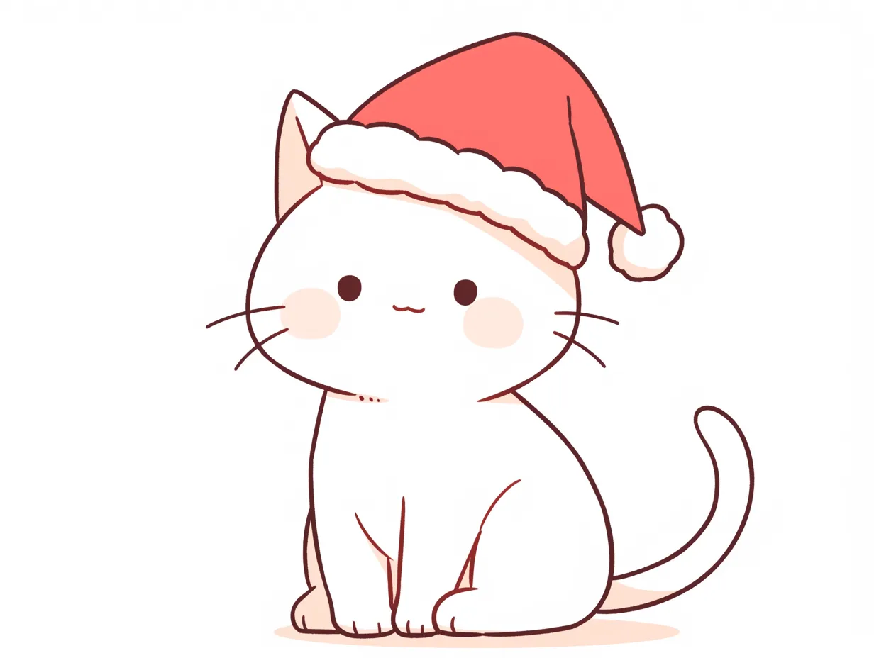 クリスマス猫のシンプル座り姿｜白い毛並みとサンタ帽が映えるクリスマス猫の座り姿です。落ち着いた雰囲気で、カレンダーやポスター素材に向いています。