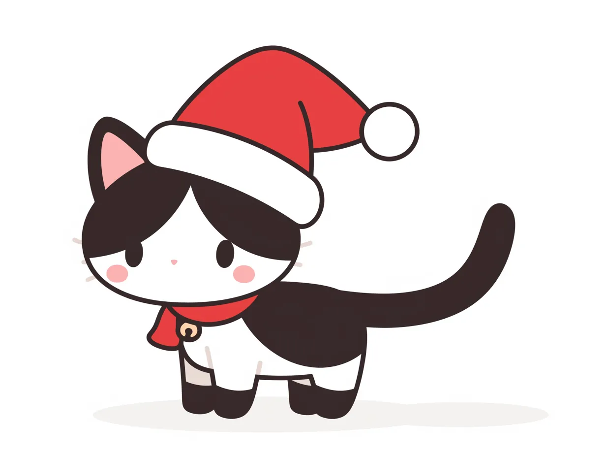 クリスマス猫の白黒模様デザイン｜白黒の模様と赤いサンタ帽が特徴的なクリスマス猫です。ポップな印象が強く、グッズやバナーに利用しやすい写真素材です。