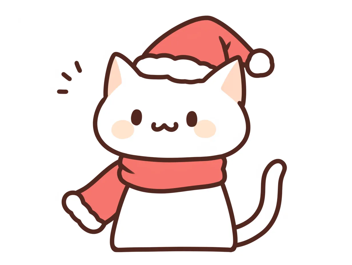 クリスマス猫のマフラー付き姿｜赤いマフラーを巻いたクリスマス猫です。明るく元気な表情が可愛らしく、冬のキャンペーンやギフト広告に適した素材です。