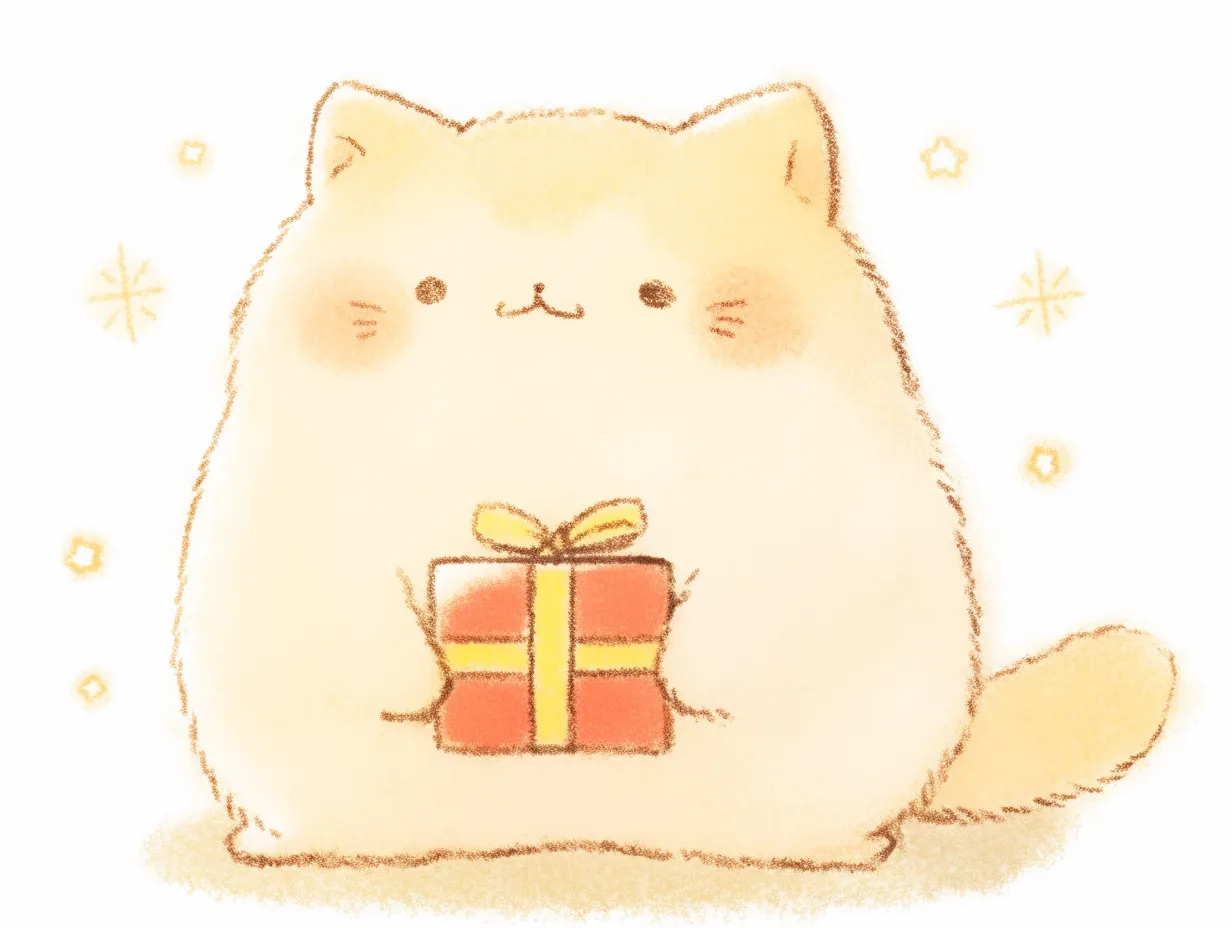 クリスマス猫のプレゼント抱っこ姿｜プレゼントを抱えたクリスマス猫です。ふんわりとしたタッチで描かれ、温かみあるデザインがギフト関連広告にぴったりです。